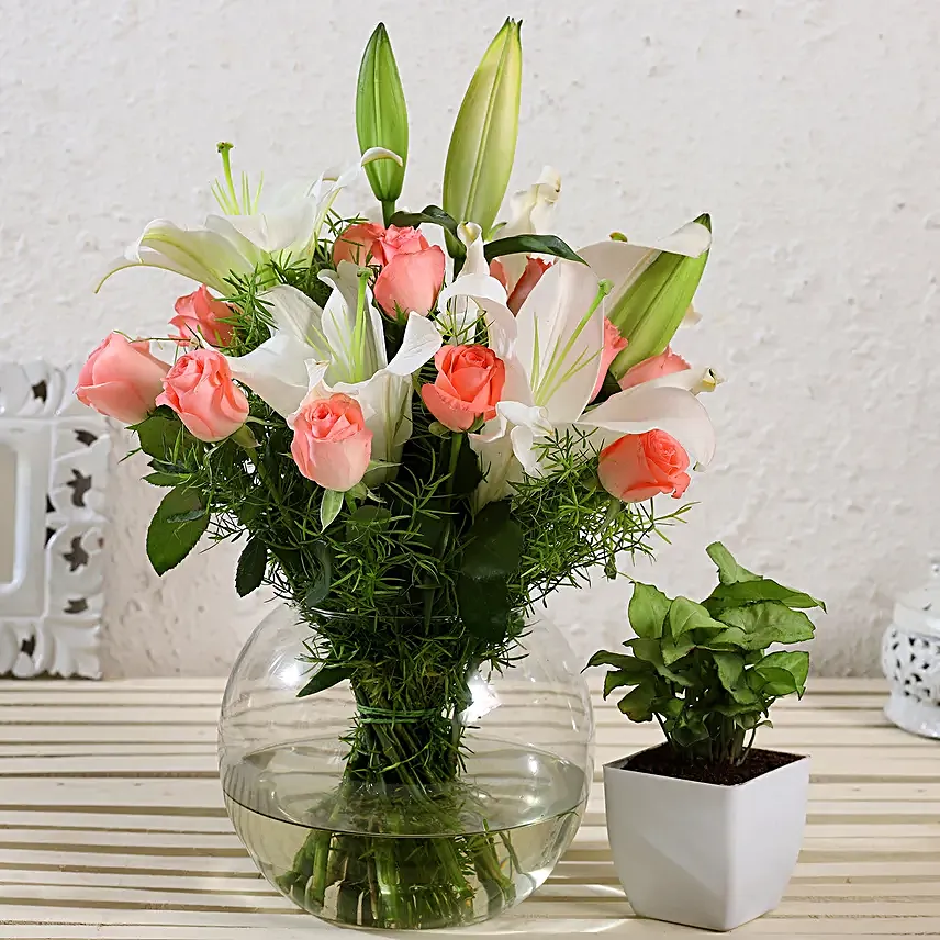 Serene Mixed Flowers With Syngonium Plant