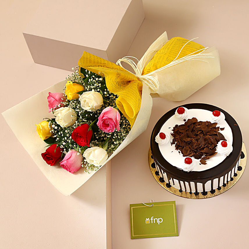 Garden of Colourful Roses Bouquet & Black Forest Cake