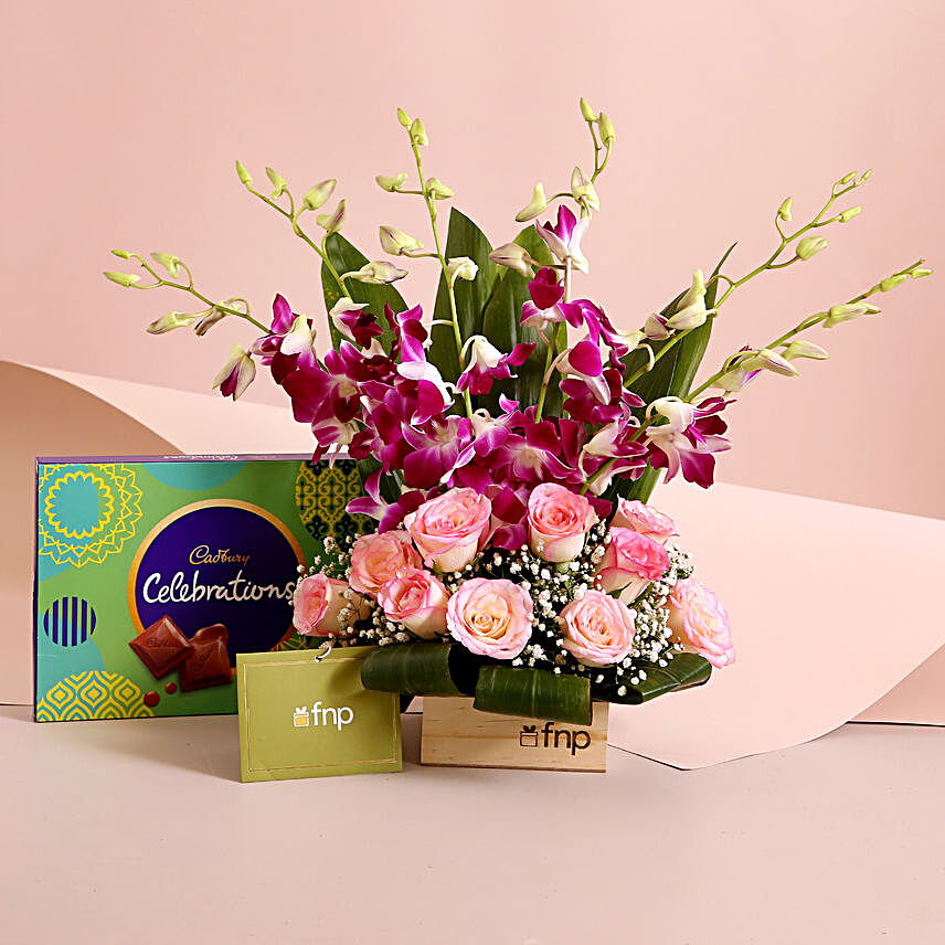Gleaming Beauty Floral Arrangement & Celebrations Box