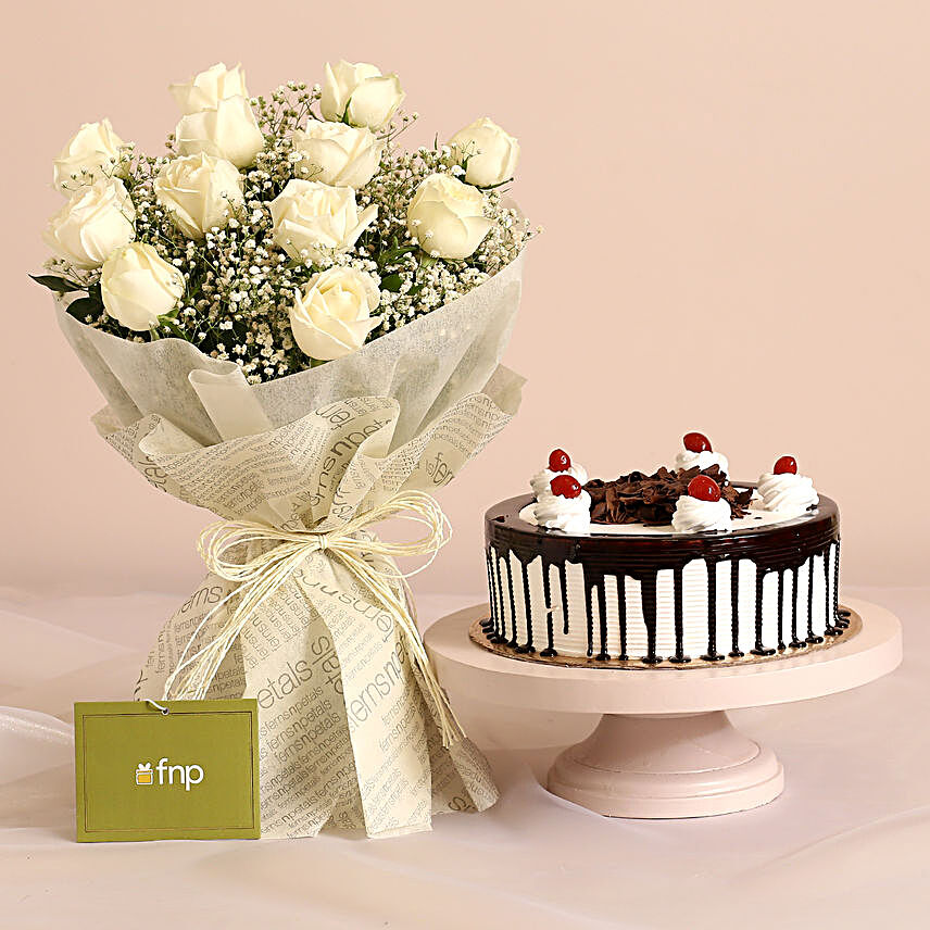 Wrapped In Elegance Roses Bouquet & Black Forest Cake