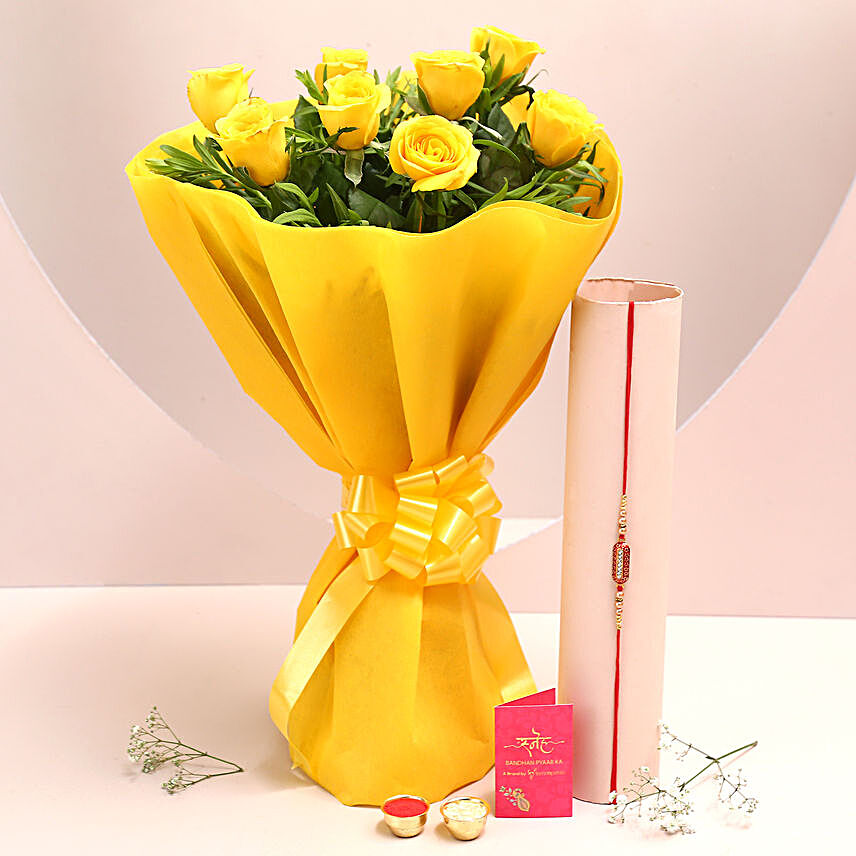 Yellow Roses Bouquet & Designer Rakhi