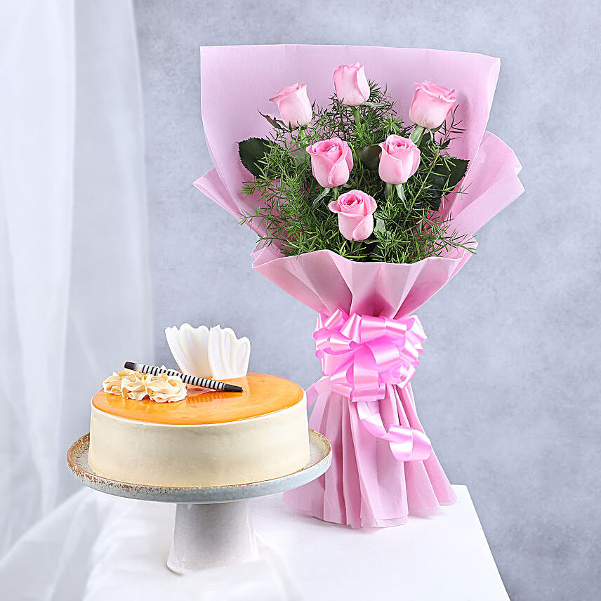 Pretty In Pink Rose Bouquet & Cake Combo