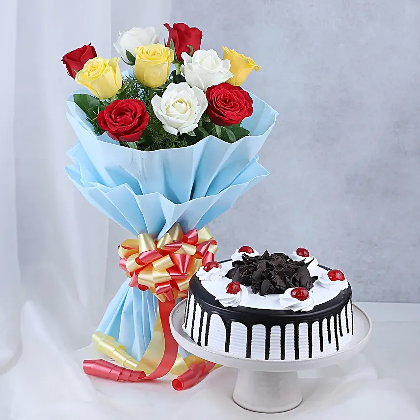 Happy Father's Day Black Forest Cake Eggless & Mixed Roses