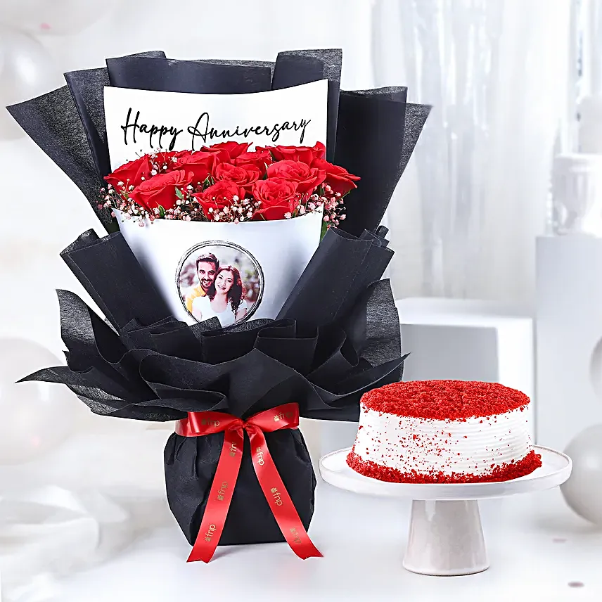 Personalised Anniversary Photo Flower Bouquet & Cake