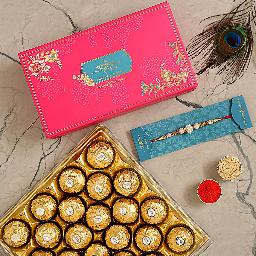 Elegant Pearl And Mauli Rakhi With 16 Ferrero Rocher