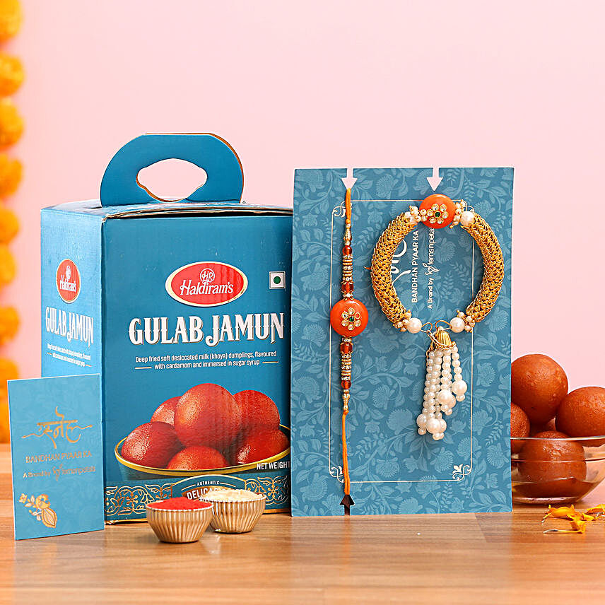 Orange Pearl Lumba Rakhi Set And Gulab Jamun