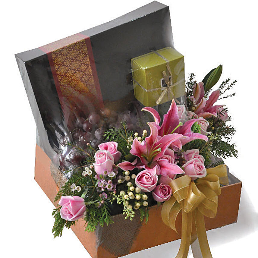 Fresh Fruits With Chocolates And Flowers Gift Hamper
