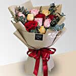 Mixed Rose Bunch With Red Ribbon
