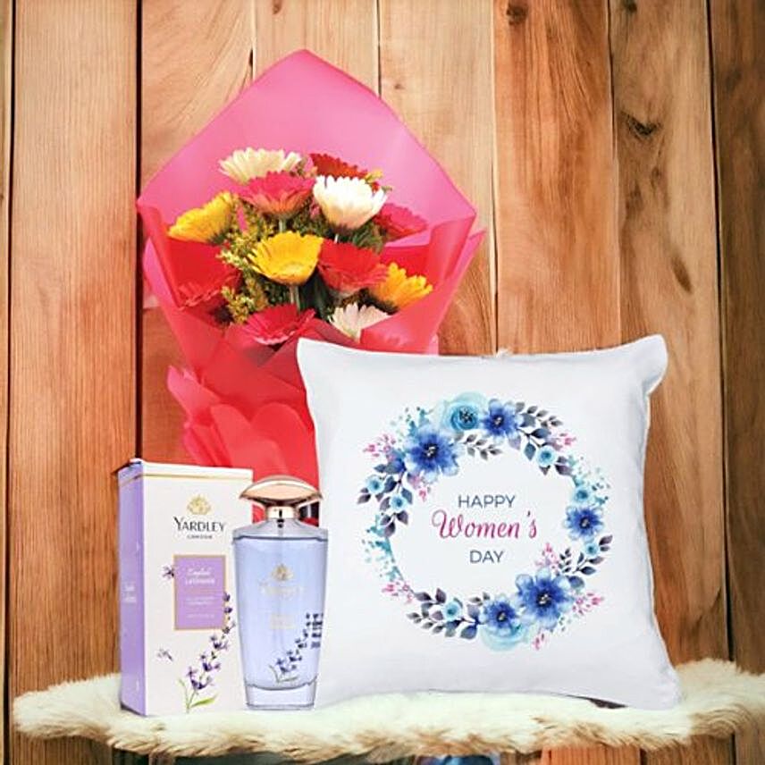 Happy Women's Day With Cushion Perfume & Mix Flowers