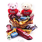Miniature Chocolates with Couple Teddy in Heart Basket