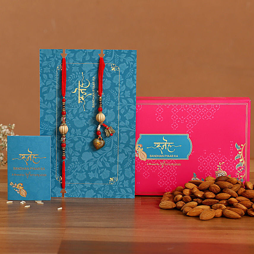 Red Pearl And Lumba Rakhi Set With 250 Gms Almonds