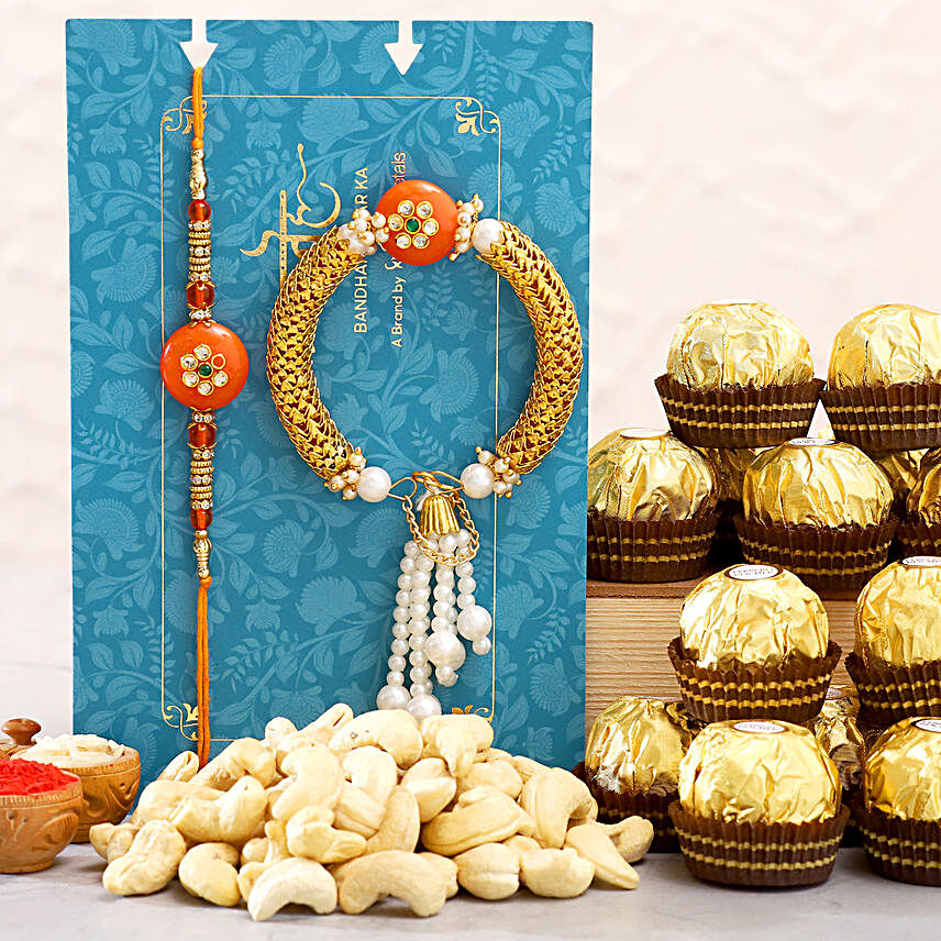 Pearl Lumba Rakhi Set And Cashew With 12 Pcs Ferrero Rocher