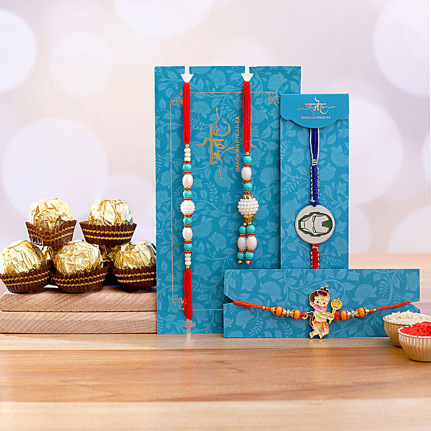Hanuman And Ironman Rakhi With Blue Pearl Lumba Rakhi Set With 3 Ferrero Rocher