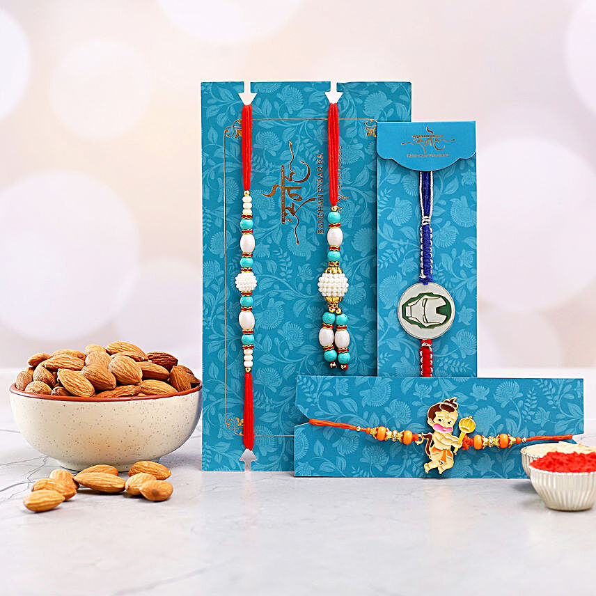 Hanuman And Ironman Rakhi With Blue Pearl Lumba Rakhi Set With 100 Gms Almonds