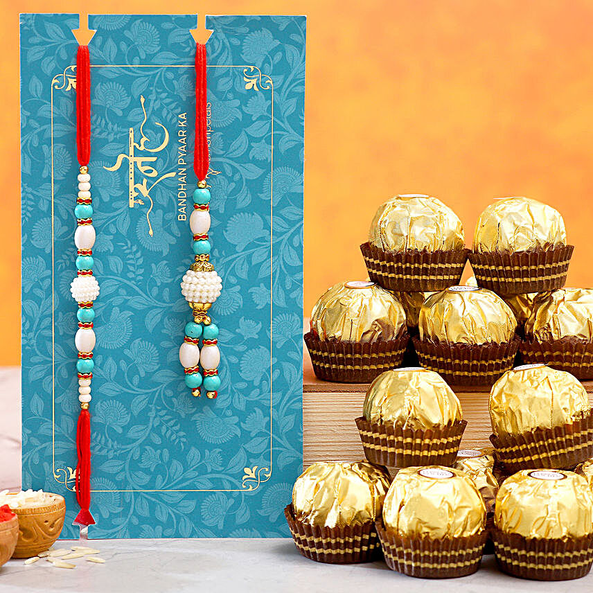 Blue Pearl And Lumba Rakhi Set With 12 Pcs Ferrero Rocher