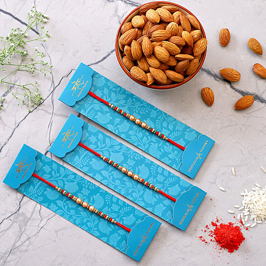 Pearl And Mauli Rakhis Set Of 3 With 250 Gms Almonds