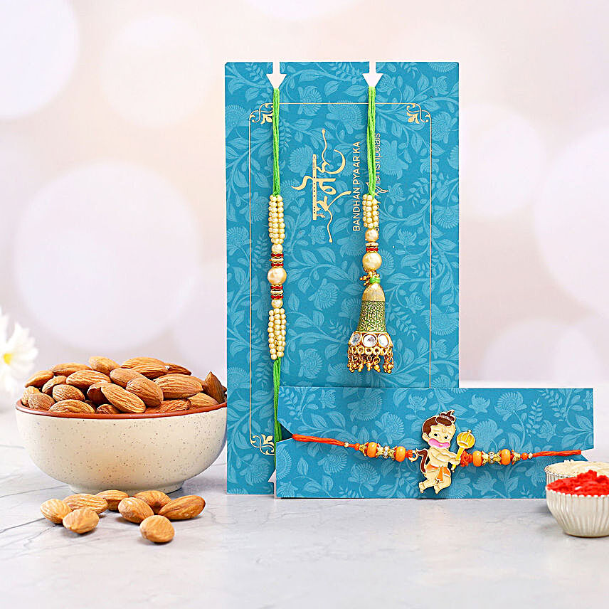 Bal Hanuman And Green Pearl Lumba Rakhi Set With 250 Gms Almonds