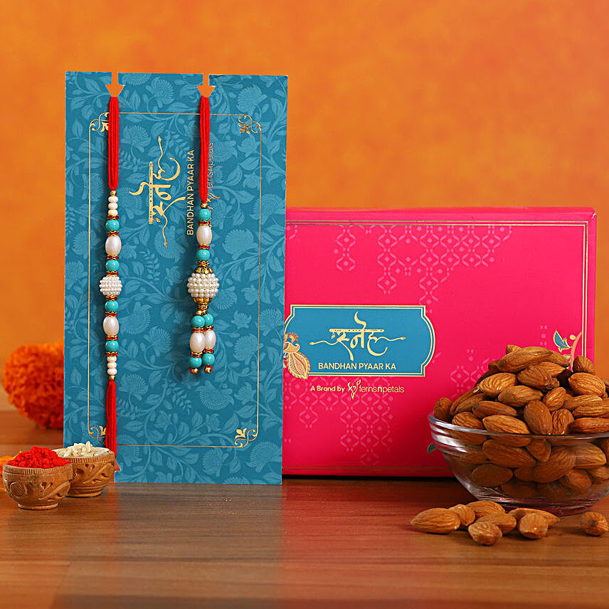 Blue Pearl And Lumba Rakhi Set With 250 Gms Almonds