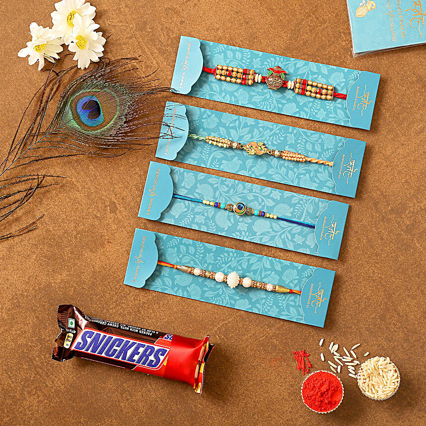 4 Traditional Rakhis & Snickers Chocolate Combo