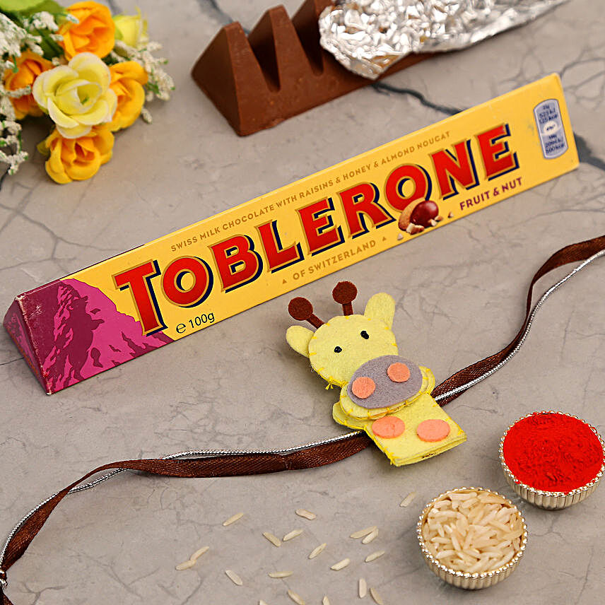 Cute Giraffe Shaped Kids Rakhi And Toblerone Chocolate
