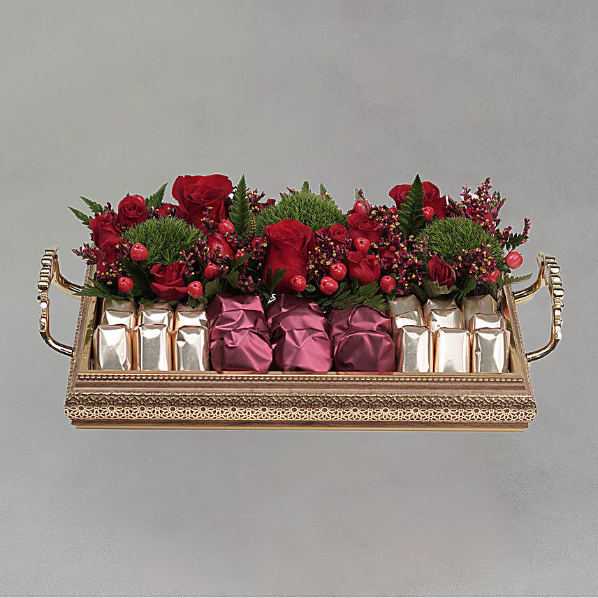 Exotic Mixed Flowers & Chocolates Golden Tray