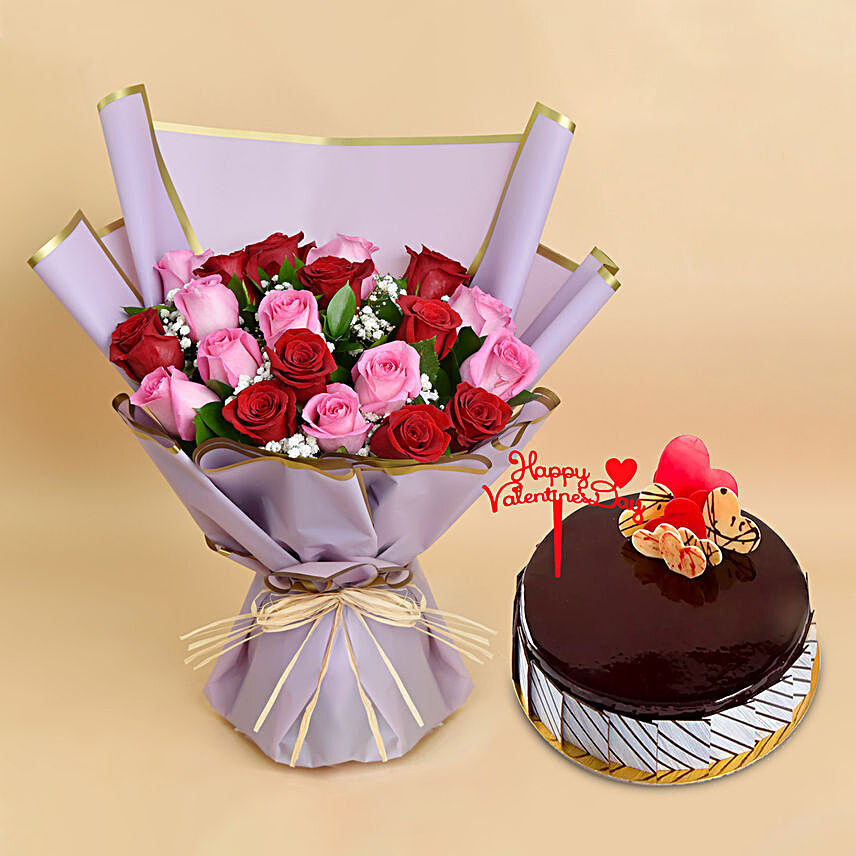 Happy Valentines Day Roses & Cake Combo