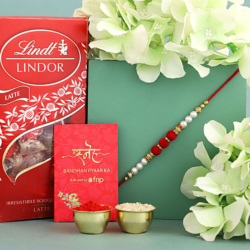 Sneh White Pearl Velvet Beads Rakhi With Lindt Premium Chocolates