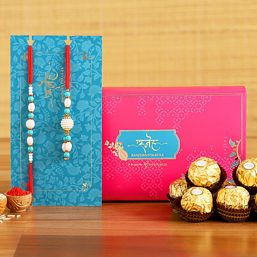 Blue Pearl And Lumba Rakhi Set With 3 Ferrero Rocher