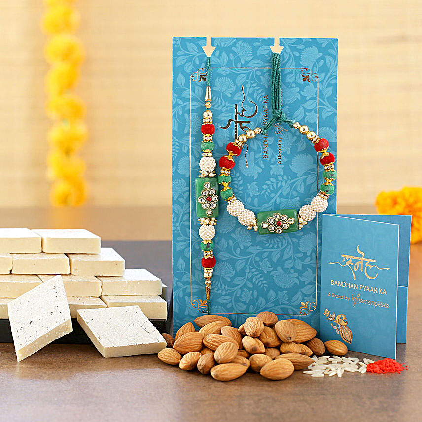 Green Pearl Lumba Rakhi Set And Almonds With Kaju Katli