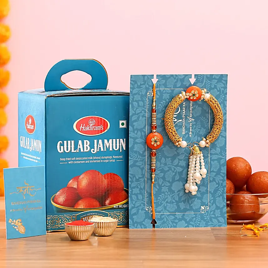 Orange Pearl And Lumba Rakhi Set With 1 KG Gulab Jamun