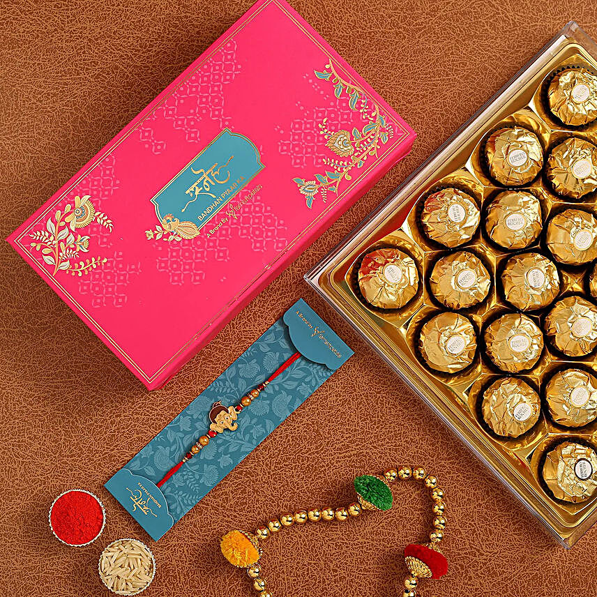 Long Trunk Bal Ganesha Pearl Rakhi For Kids With 16 Ferrero Rocher