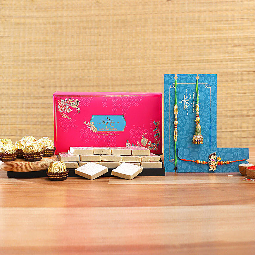 Lumba Rakhi Set And Kids Rakhi With Kaju Katli And Ferrero Rocher