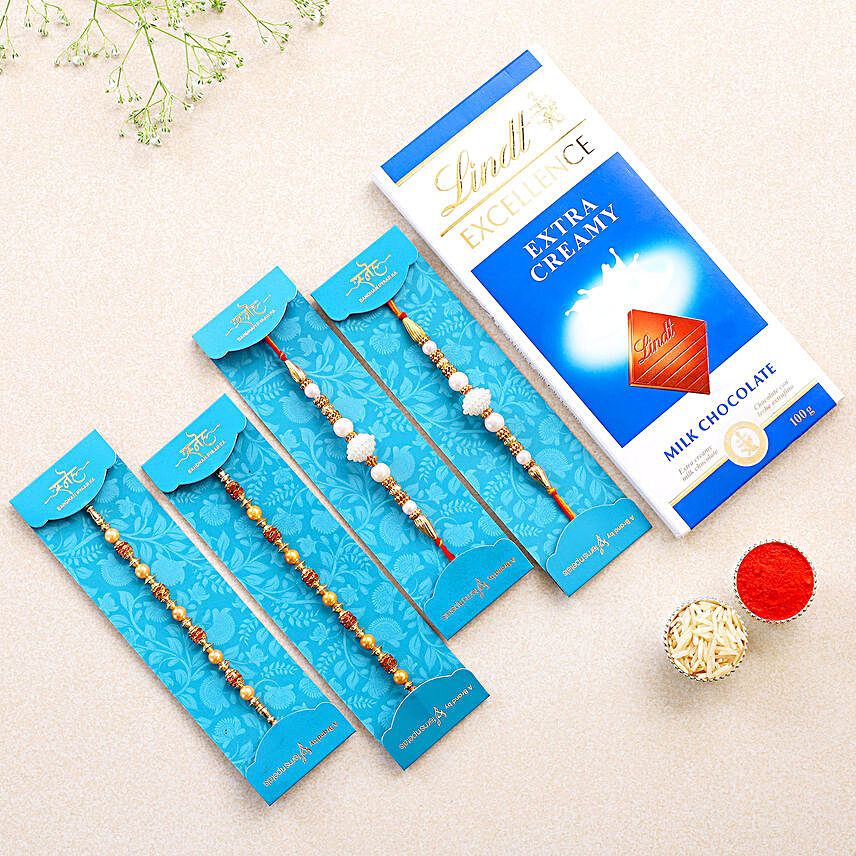 Pearl Studded And Mauli Rakhis Set Of 4 With Lindt