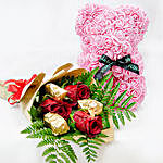 Pink Teddy With Chocolates And Rose