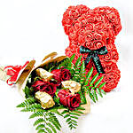 Red Teddy With Chocolates And Rose