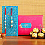 Blue Pearl And Lumba Rakhi Set With 3 Ferrero Rocher