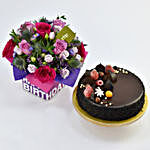 Chocolate Cake With Birthday Flower Arrangement