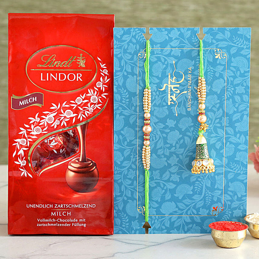 Green Lumba Rakhi Set And Lindt Lindor Milch Chocolates