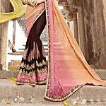 Brown Embroidered Saree with Art Silk Peach Blouse