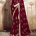 Printed Georgette Saree in Red and Beige