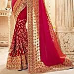 Red and Beige Embroidered Saree in Geogette