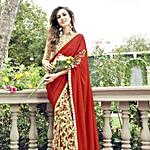 Red and Off White Festive Wear Printed Saree