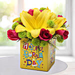 Pink Roses & Yellow Asiatic Lilies Birthday Vase
