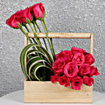 Dark Pink Roses Wooden Basket Arrangement