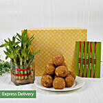 Set Of 5 Rakhi With Lucky Bamboo And Sweets