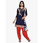 Blue & Red Cotton Patiala Dress Material