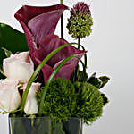 Purple Calla Lilies Pink Roses in Glass Vase