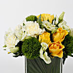 Yellow Roses White Carnations in Glass Vase