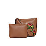 Brown Handbag with Red Floral Design & Pouch Combo