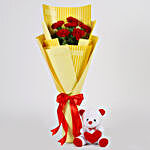 6 Red Carnations Bouquet & Teddy Bear Combo